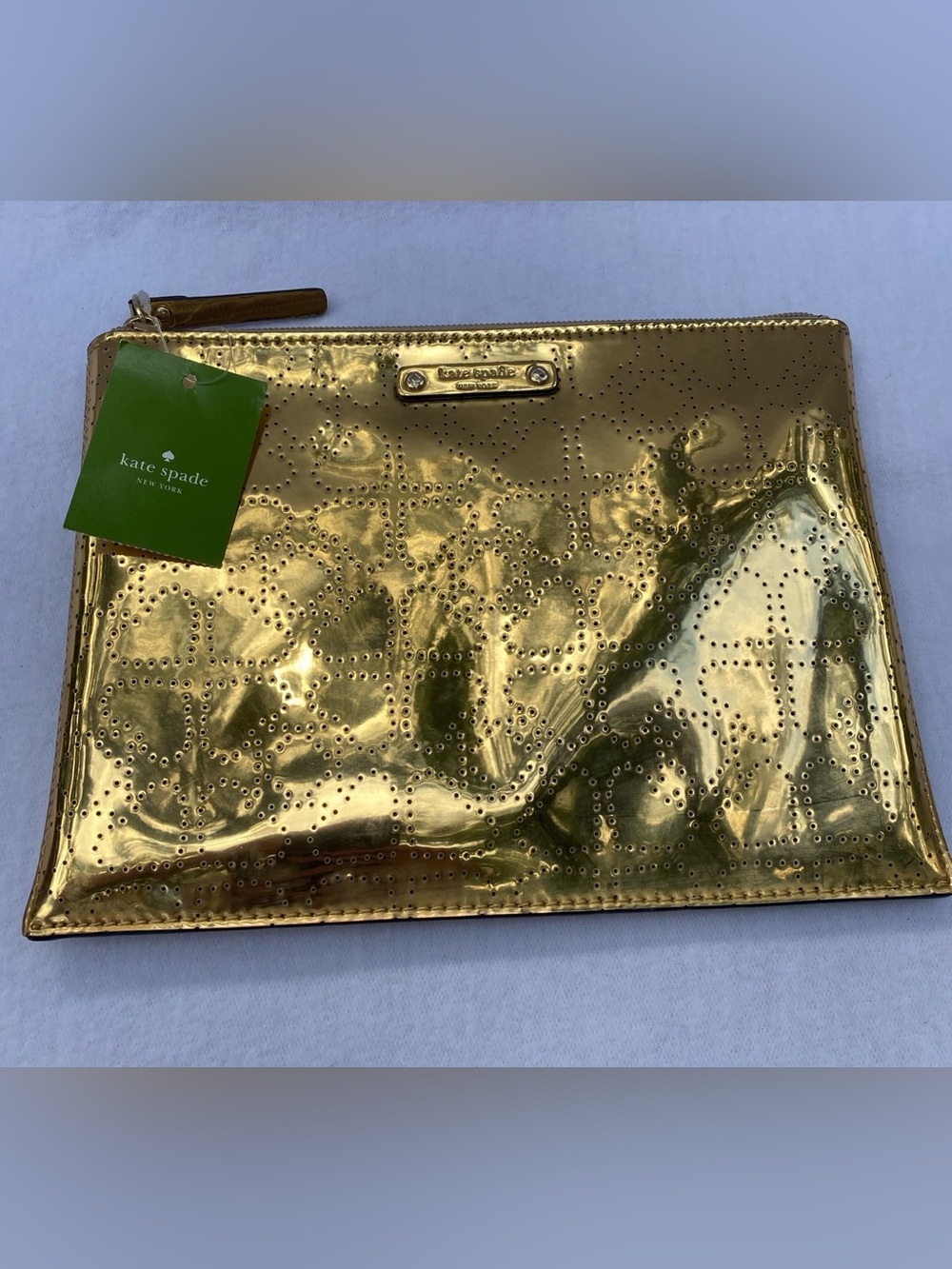 Kate Spade Gold Glam Metro Spade Large Pouch Clutch Cosmetic NWT